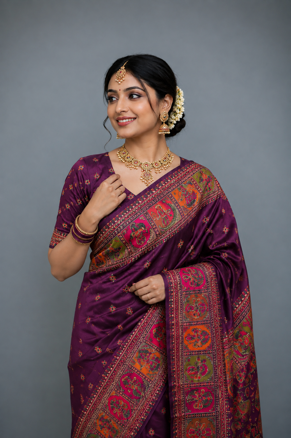 Rani Purple Kalamkari Silk Saree